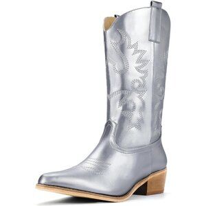 Women Silver Manmade Material Mid Calf Embroidered Low Heel Pointed Toe Boots